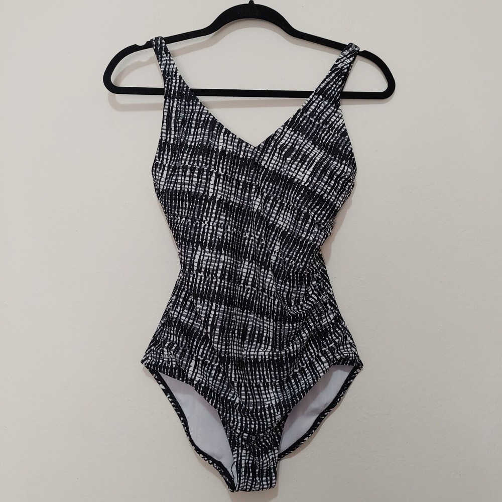 Speedo Swimsuit Womens Size 10 One Piece Black White Ruched Side B03-0223